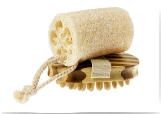 Natural loofah on a wooden brush